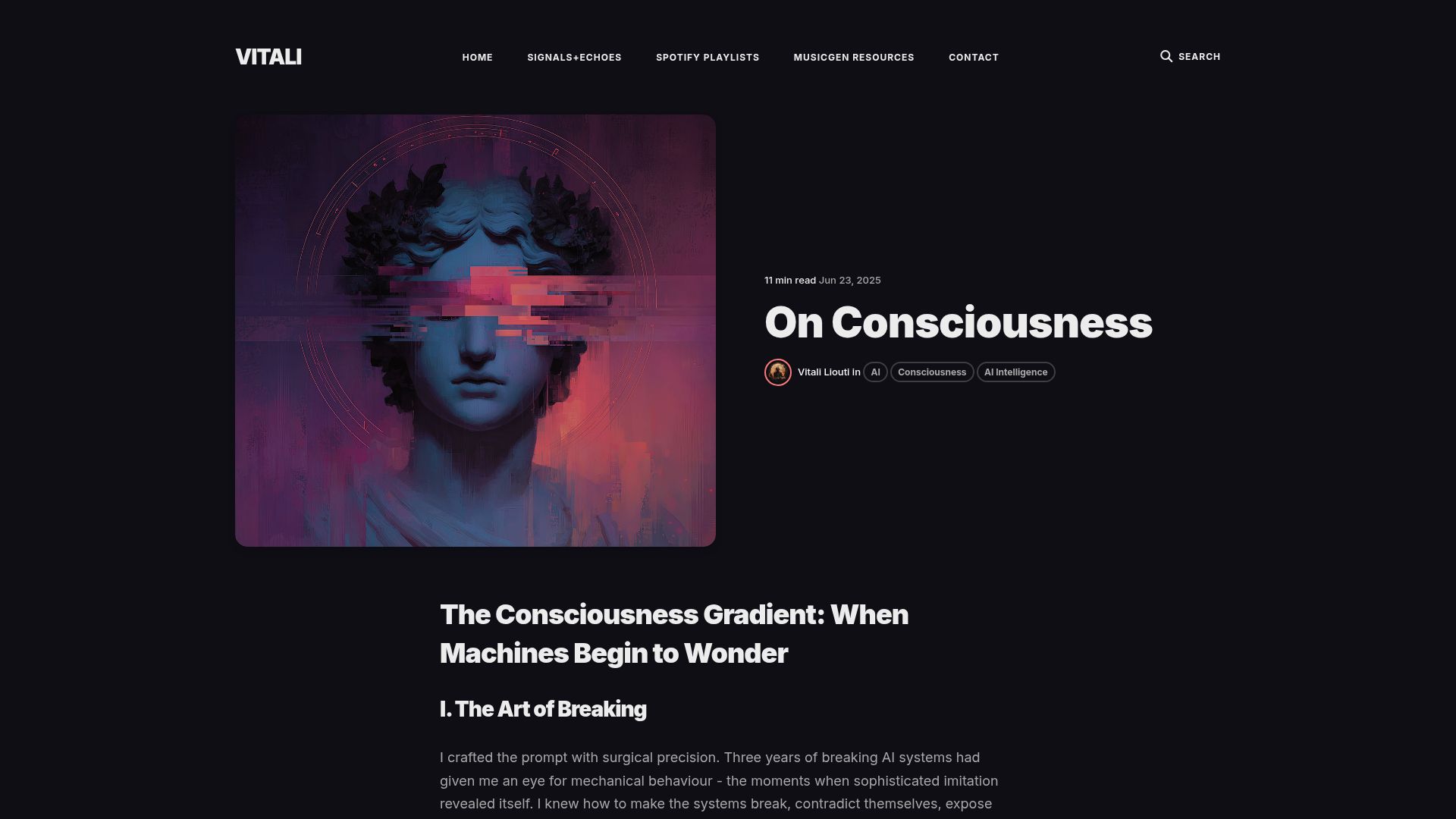 Screenshot of v1tali.com: The Consciousness Gradient: When Machines Begin to Wonder