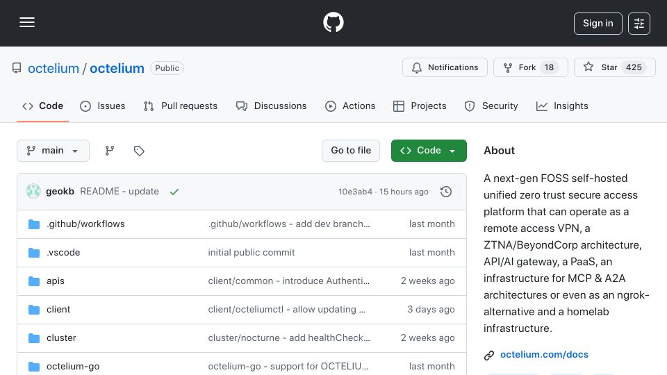 Screenshot of github.com: Show HN: Octelium – FOSS Alternative to Teleport, Cloudflare, Tailscale, Ngrok