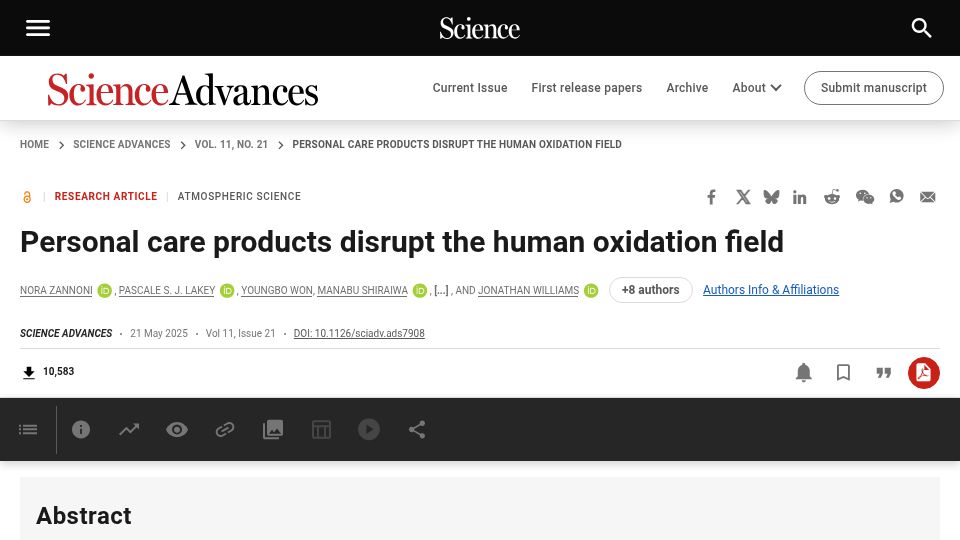 Screenshot of science.org: Personal care products disrupt the human oxidation field