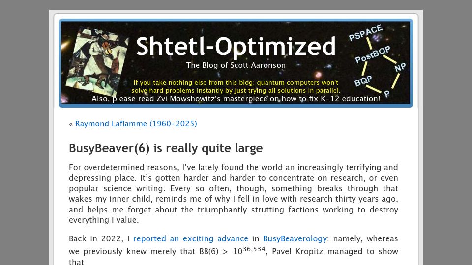 Screenshot of scottaaronson.blog: BusyBeaver(6) Is Quite Large