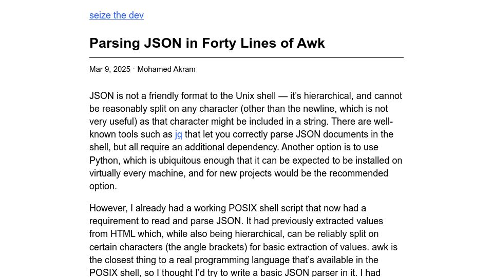 Screenshot of akr.am: Parsing JSON in Forty Lines of Awk