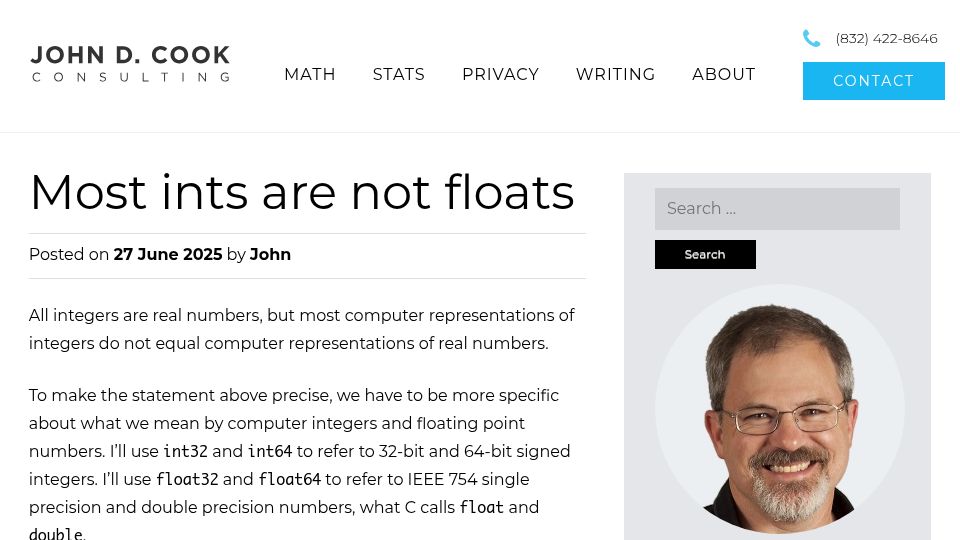 Screenshot of johndcook.com: Most ints are not floats