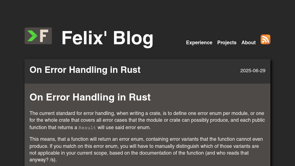 Screenshot of felix-knorr.net: Error handling in Rust
