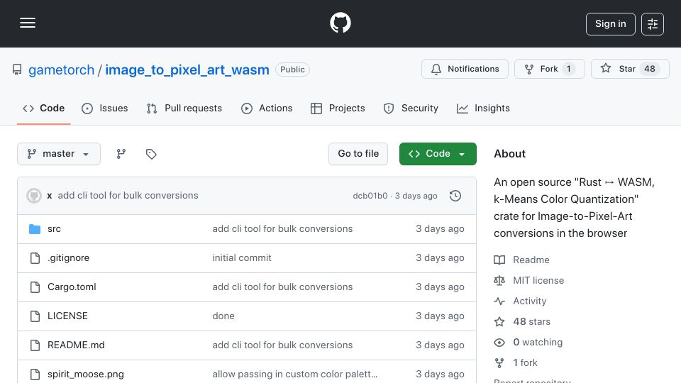 Screenshot of github.com: Show HN: Rust -> WASM, K-Means Color Quantization Crate for Image-to-Pixel-Art
