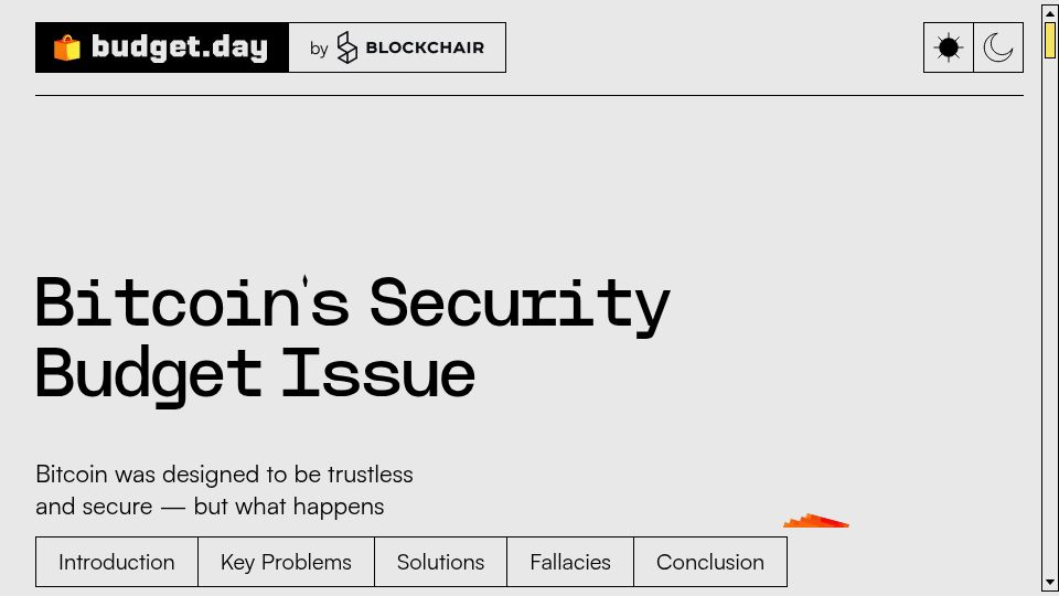Screenshot of budget.day: Bitcoin's Security Budget Issue: Problems, Solutions and Myths Debunked