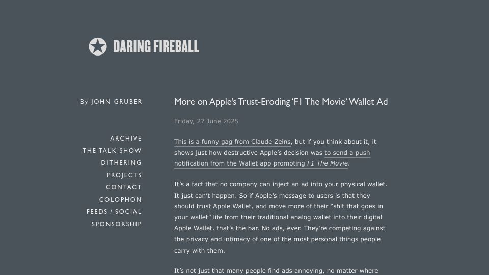 Screenshot of daringfireball.net: More on Apple's Trust-Eroding 'F1 the Movie' Wallet Ad