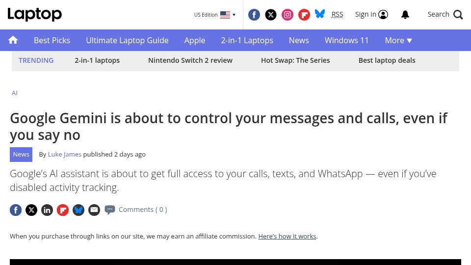 Screenshot of laptopmag.com: Google Gemini is about to control your messages and calls, even if you say no