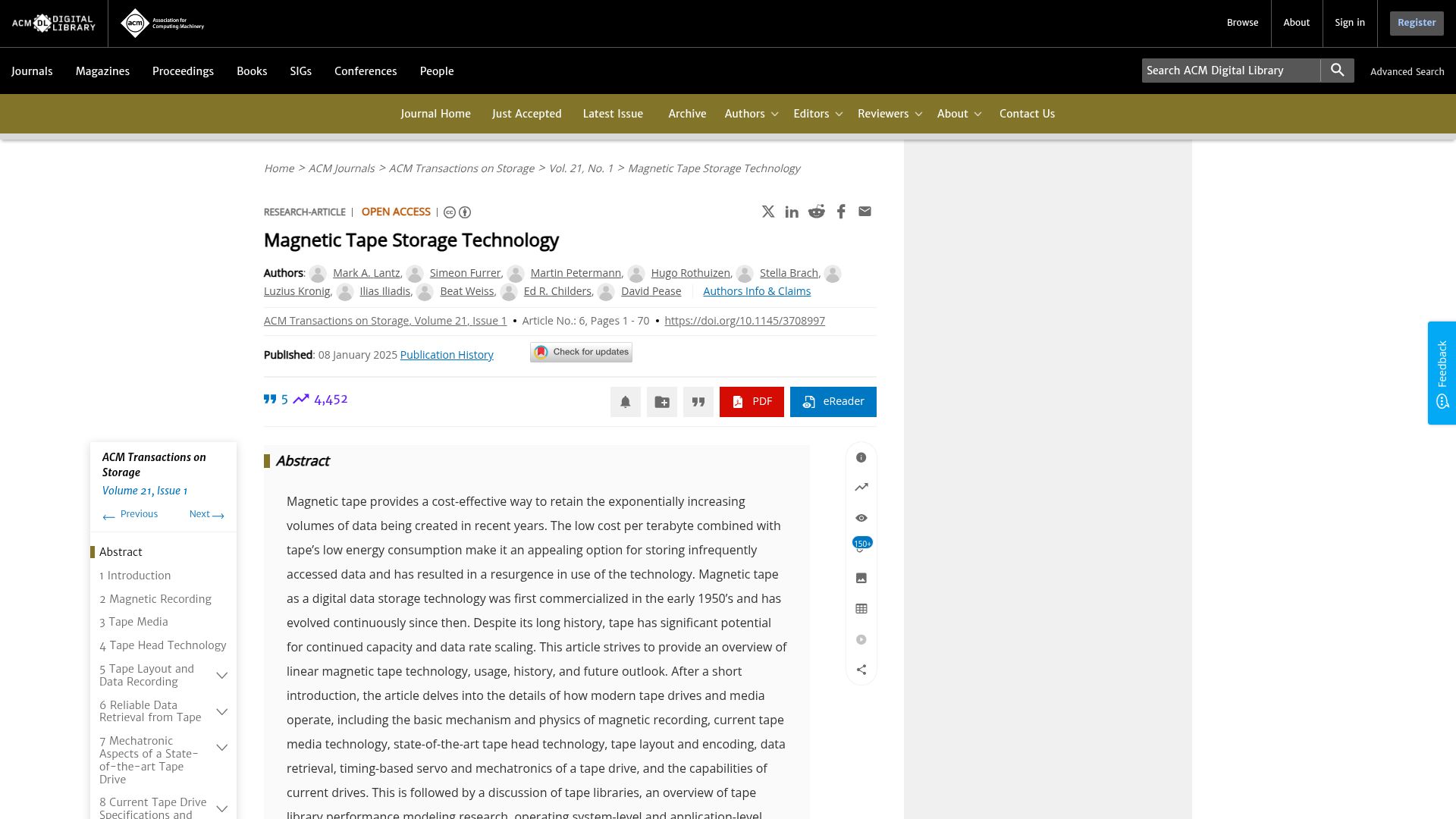 Screenshot of dl.acm.org: Magnetic Tape Storage Technology: usage, history, and future outlook