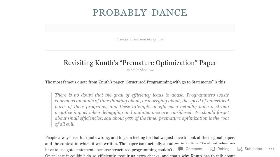 Screenshot of probablydance.com: Revisiting Knuth's “Premature Optimization” Paper