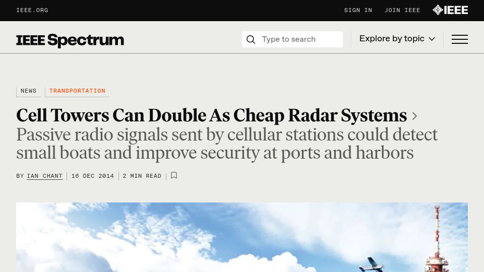 Screenshot of spectrum.ieee.org: Cell Towers Can Double as Cheap Radar Systems for Ports and Harbors (2014)