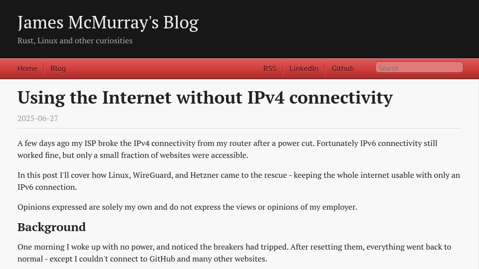 Screenshot of jamesmcm.github.io: Using the Internet without IPv4 connectivity