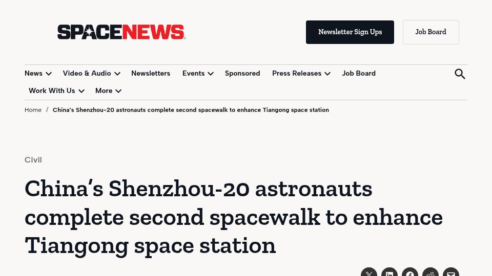 Screenshot of spacenews.com: Shenzhou-20 astronauts complete second spacewalk to enhance Tiangong station
