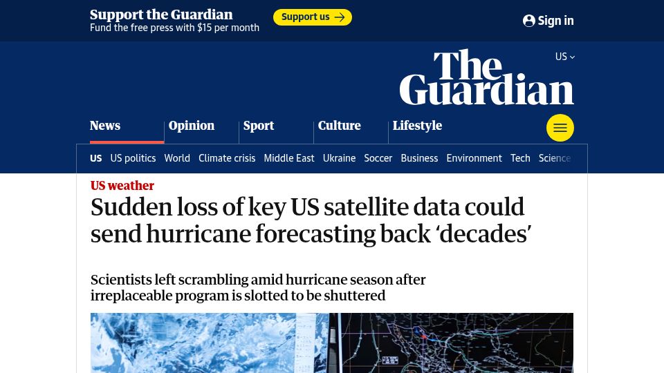 Screenshot of theguardian.com: Loss of key US satellite data could send hurricane forecasting back 'decades'
