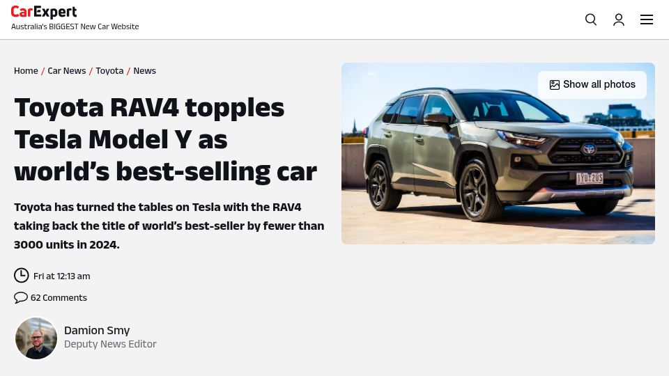 Screenshot of carexpert.com.au: Toyota RAV4 topples Tesla Model Y as best-selling car