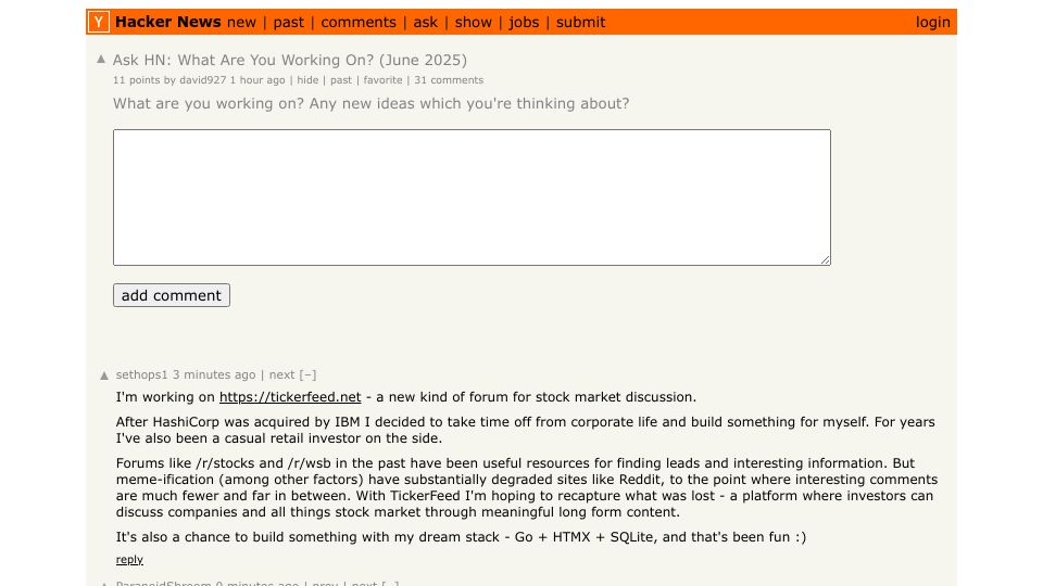 Screenshot of Hacker News post: Ask HN: What Are You Working On? (June 2025)