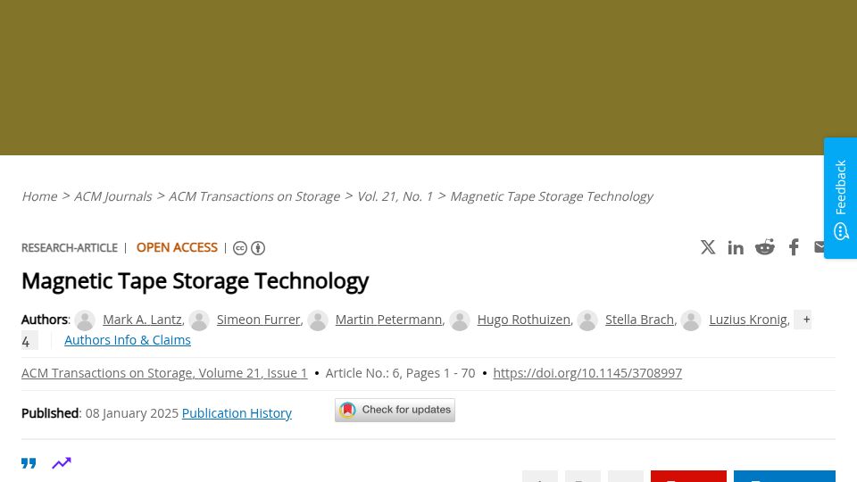 Screenshot of dl.acm.org: Magnetic Tape Storage Technology: usage, history, and future outlook