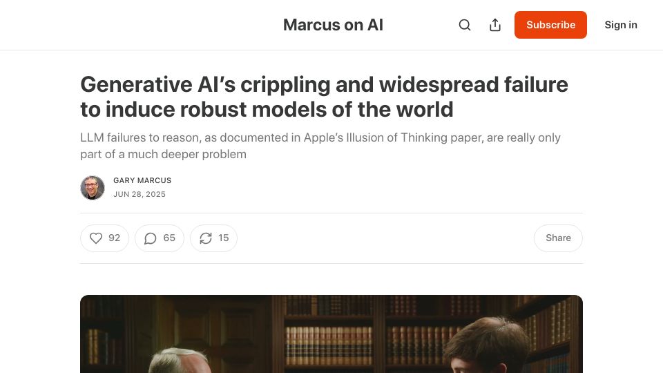 Screenshot of garymarcus.substack.com: Generative AI's crippling failure to induce robust models of the world