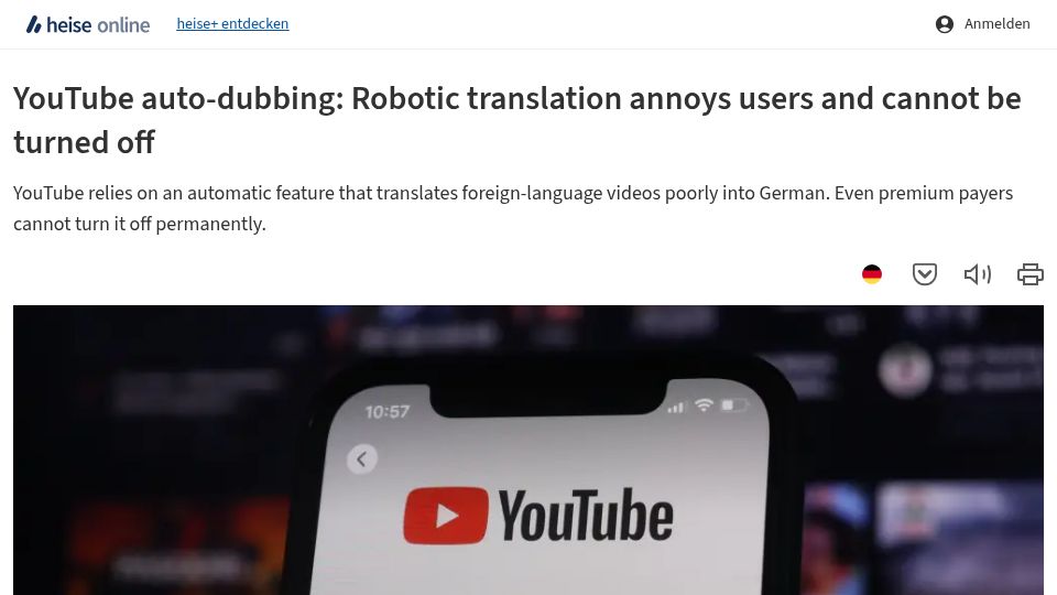 Screenshot of heise.de: YouTube: Robotic translation annoys users and cannot be turned off