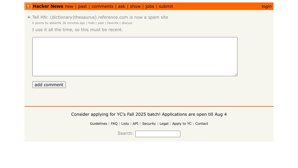 Screenshot of Hacker News post: Tell HN: (dictionary|thesaurus).reference.com is now a spam site