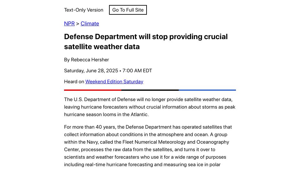 Screenshot of text.npr.org: US Defense Department will stop providing satellite weather data