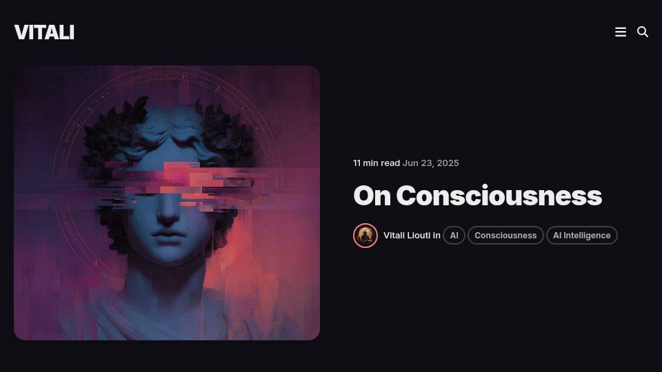 Screenshot of v1tali.com: The Consciousness Gradient: When Machines Begin to Wonder