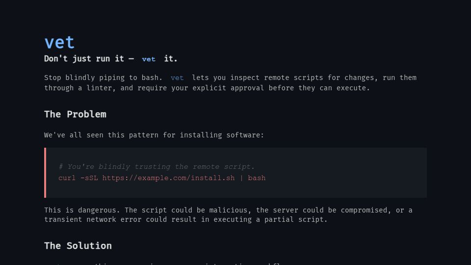 Screenshot of getvet.sh: Show HN: Vet – A tool for safely running remote shell scripts