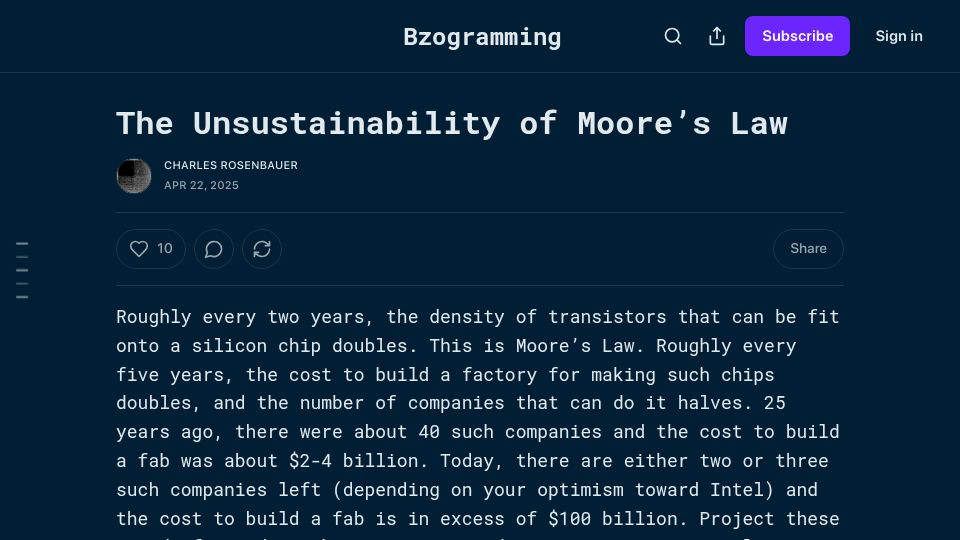 Screenshot of bzolang.blog: The Unsustainability of Moore's Law