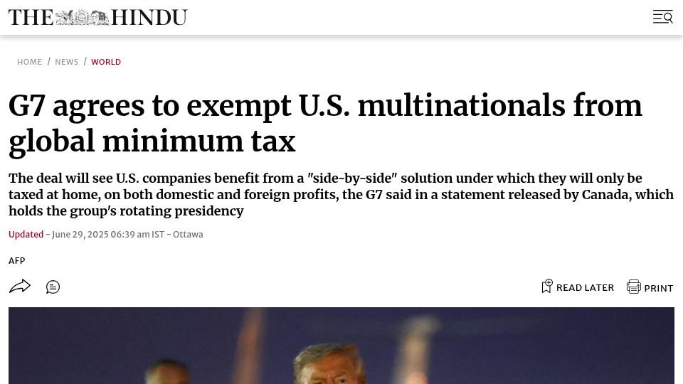 Screenshot of thehindu.com: G7 agrees to exempt U.S. multinationals from global minimum tax