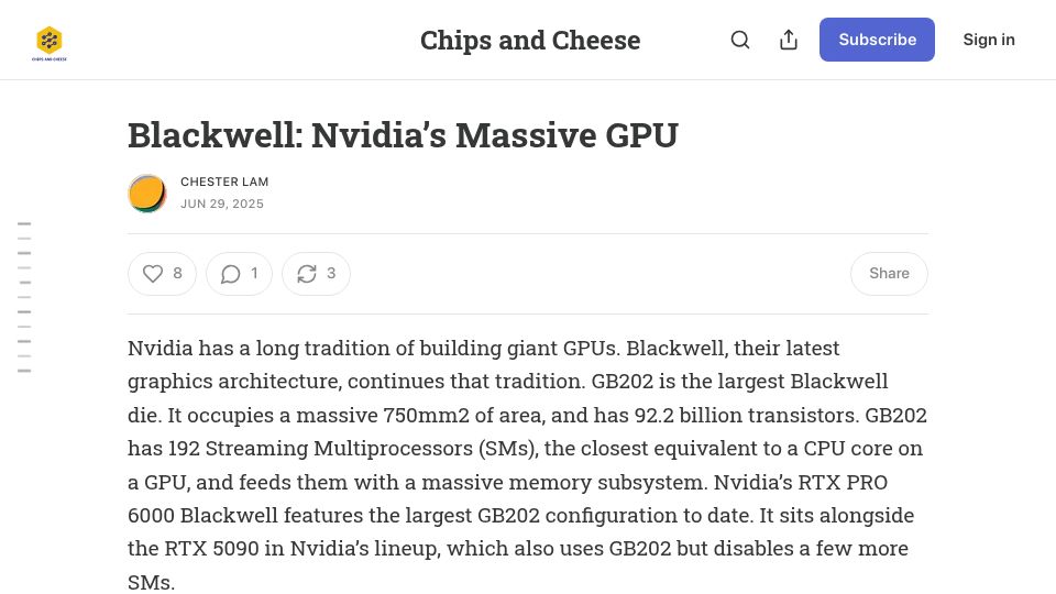 Screenshot of chipsandcheese.com: Blackwell: Nvidia's GPU