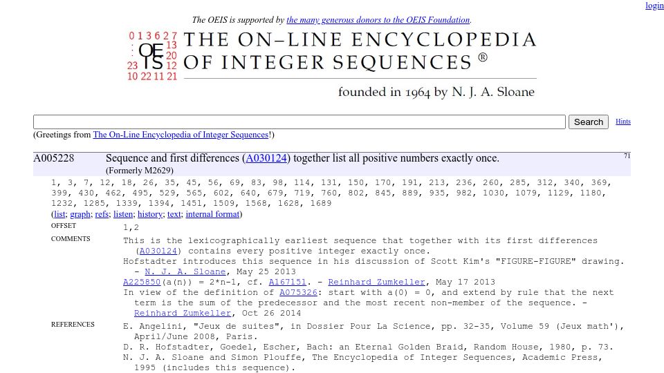 Screenshot of oeis.org: Sequence and first differences together list all positive numbers exactly once