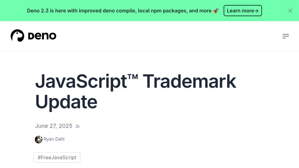 Screenshot of deno.com: JavaScript Trademark Update
