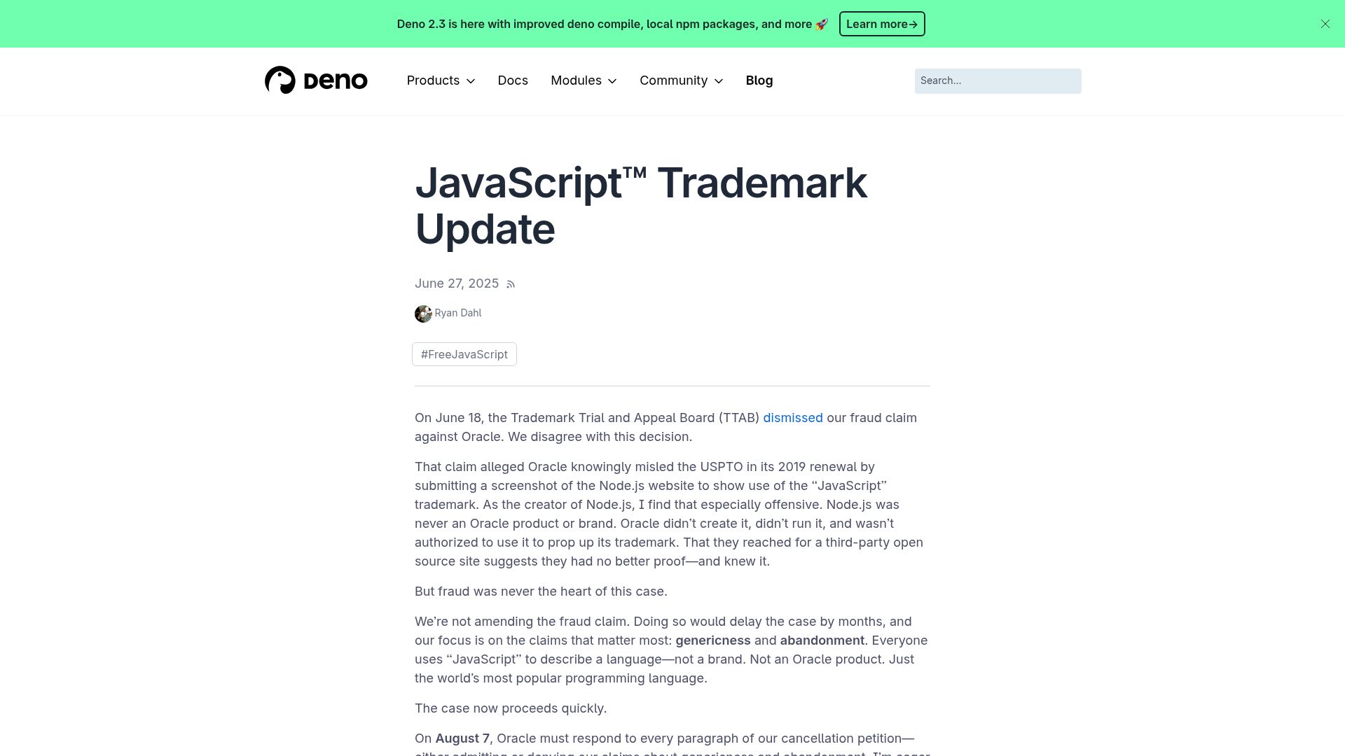 Screenshot of deno.com: JavaScript Trademark Update