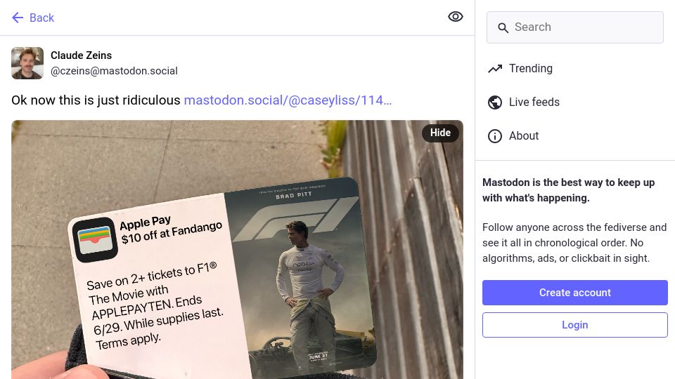 Screenshot of mastodon.social: Ok now this is just ridiculous