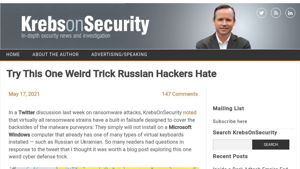 Screenshot of krebsonsecurity.com: Many ransomware strains will abort if they detect a Russian keyboard installed (2021)