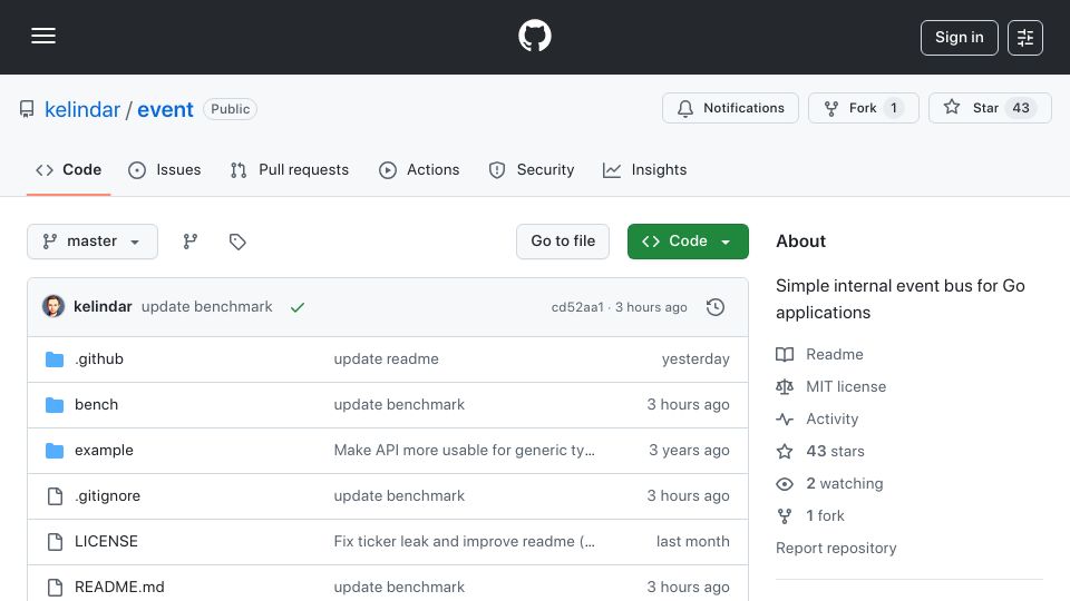 Screenshot of github.com: Event – Fast, In-Process Event Dispatcher