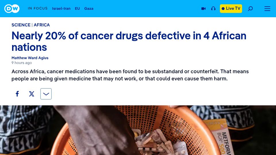 Screenshot of dw.com: Nearly 20% of cancer drugs defective in four African nations