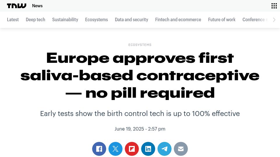 Screenshot of thenextweb.com: Europe approves first saliva-based contraceptive – no pill required