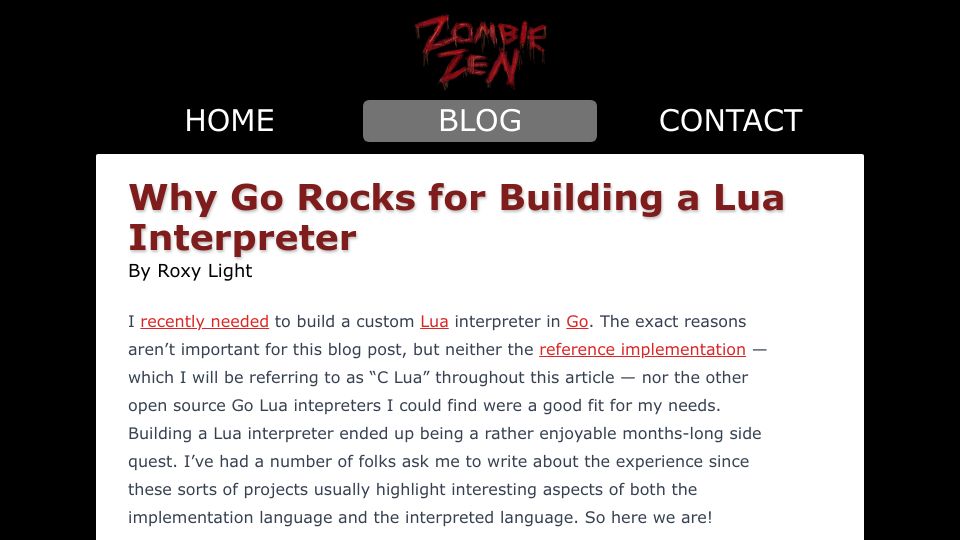 Screenshot of zombiezen.com: Why Go Rocks for Building a Lua Interpreter