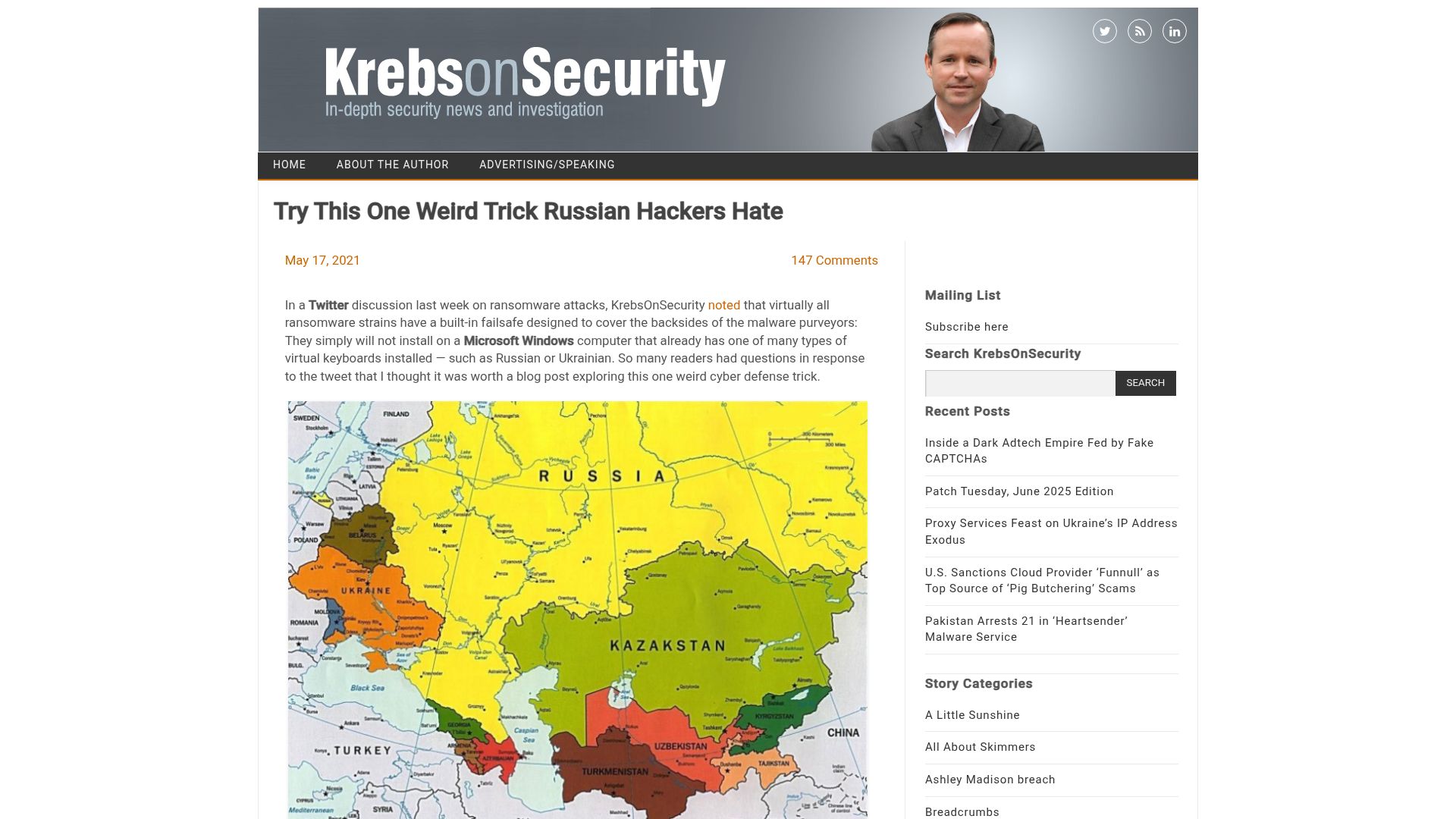 Screenshot of krebsonsecurity.com: Many ransomware strains will abort if they detect a Russian keyboard installed (2021)