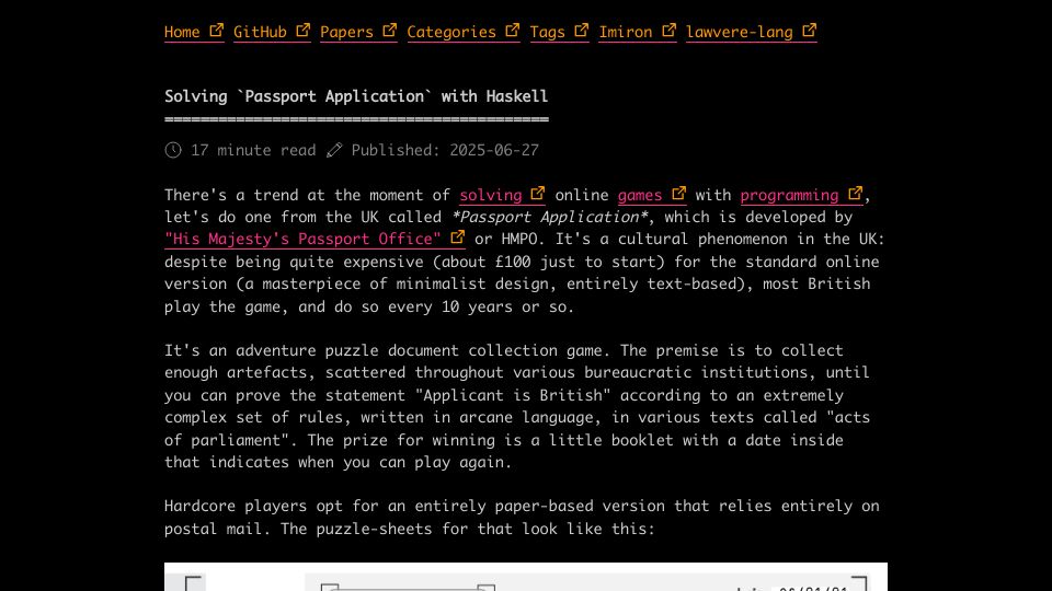 Screenshot of jameshaydon.github.io: Solving `Passport Application` with Haskell