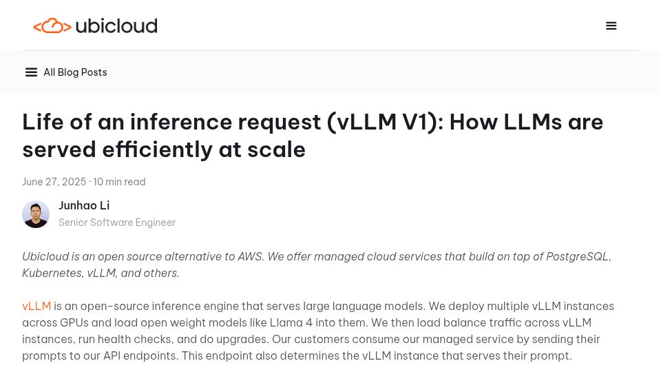 Screenshot of ubicloud.com: Life of an inference request (vLLM V1): How LLMs are served efficiently at scale