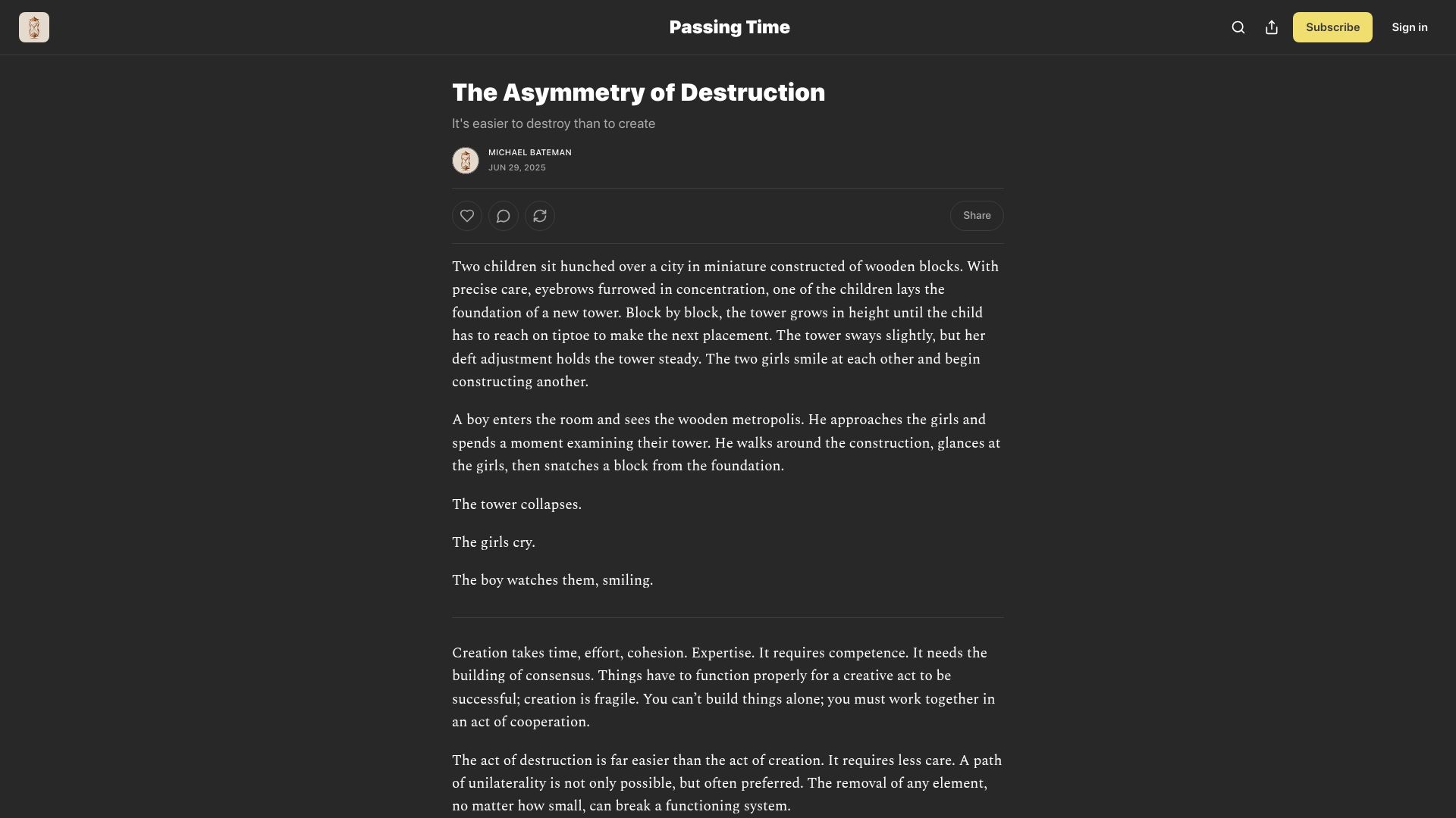 Screenshot of passingtime.substack.com: The Asymmetry of Destruction