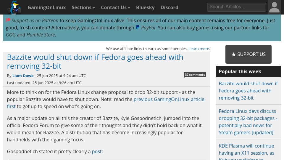 Screenshot of gamingonlinux.com: Bazzite would shut down if Fedora goes ahead with removing 32-bit
