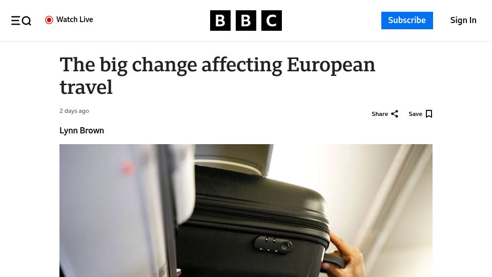 Screenshot of bbc.com: EU to ban carry-on baggage fees