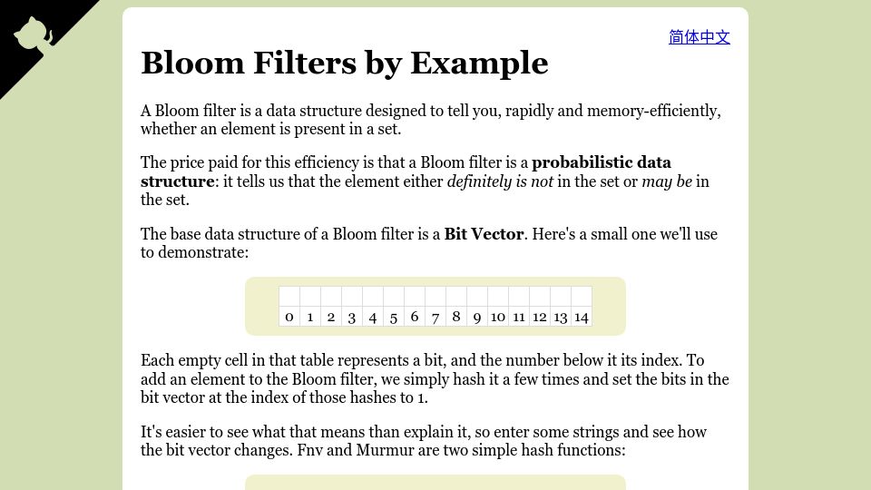 Screenshot of llimllib.github.io: Bloom Filters by Example