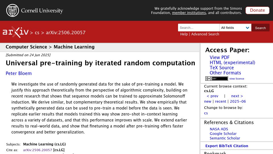 Screenshot of arxiv.org: Universal pre-training by iterated random computation