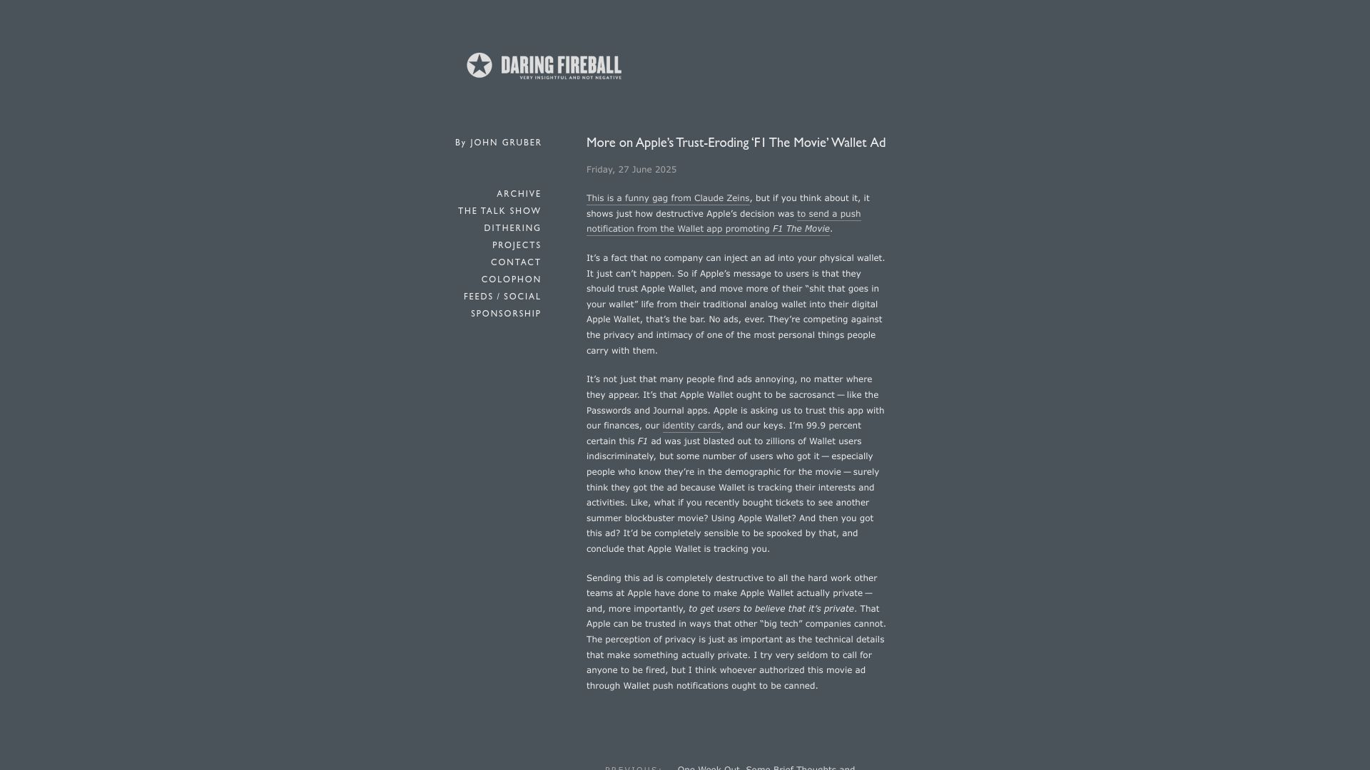 Screenshot of daringfireball.net: More on Apple's Trust-Eroding 'F1 the Movie' Wallet Ad