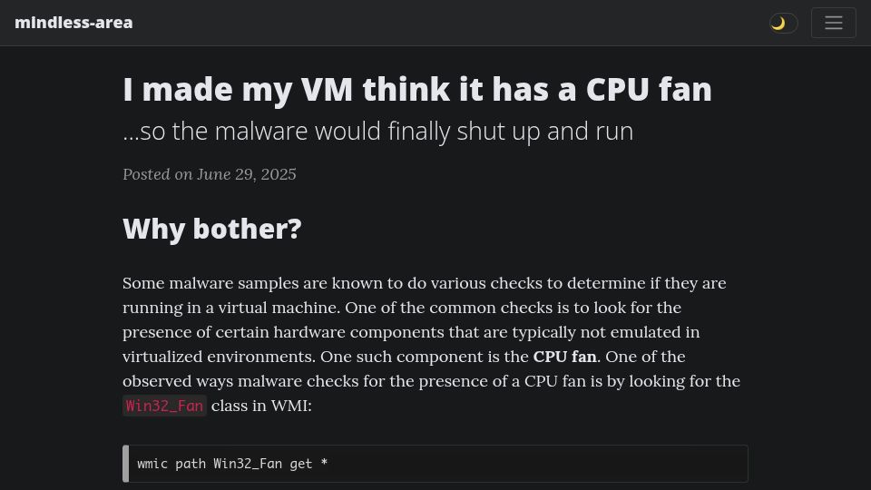 Screenshot of wbenny.github.io: I made my VM think it has a CPU fan