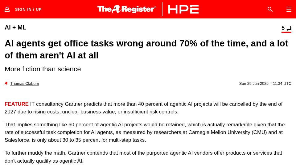 Screenshot of theregister.com: AI agents get office tasks wrong around 70% of time, and many aren't AI at all