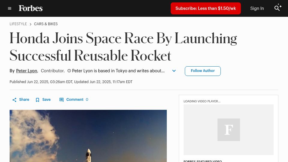 Screenshot of forbes.com: Honda Joins Space Race by Launching Successful Reusable Rocket